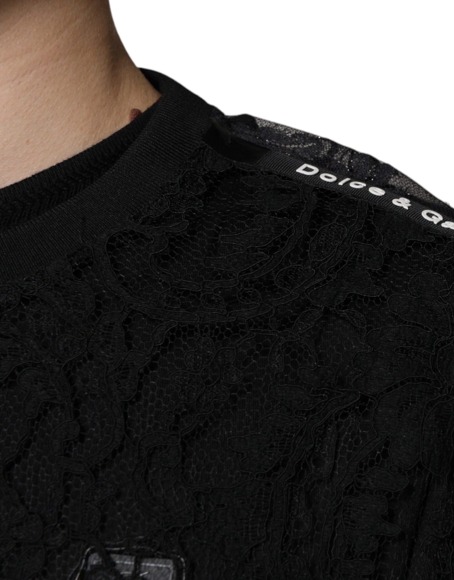 Black Nylon Floral Lace Crew Neck T-shirt