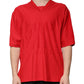 Red Cotton V-neck Short Sleeves T-shirt