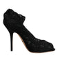 Black Lace Stretch Heels Mid Calf Boots Shoes