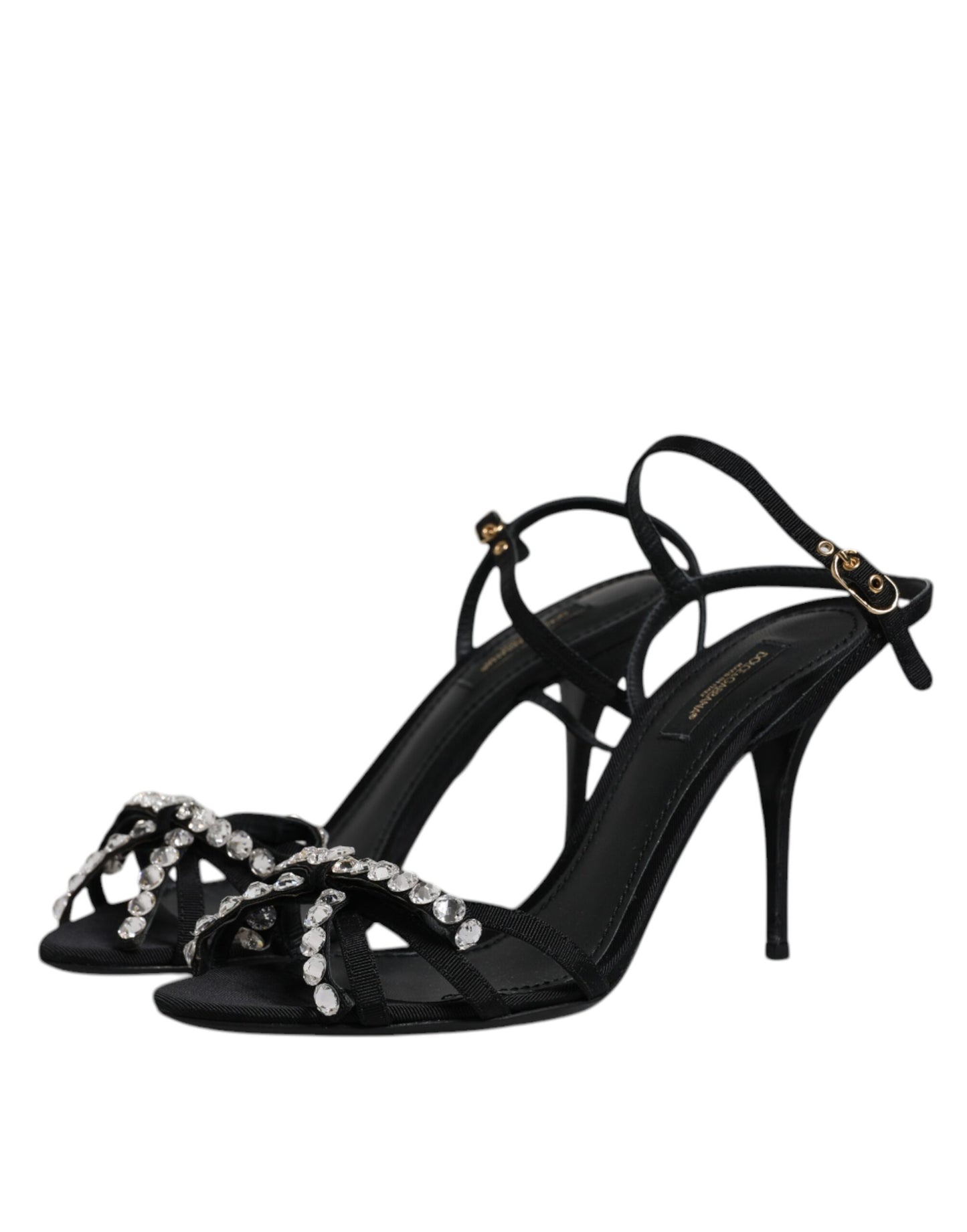 Black Leather Crystal Bow KEIRA Sandals Shoes