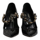 Black Leather Crystal Mary Jane Pumps Shoes