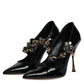 Black Leather Crystal Mary Jane Pumps Shoes