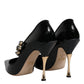 Black Leather Crystal Mary Jane Pumps Shoes