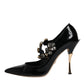 Black Leather Crystal Mary Jane Pumps Shoes