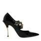 Black Leather Crystal Mary Jane Pumps Shoes