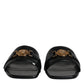 Black Leather Logo Plaque Slip On Slides Flats Shoes