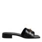 Black Leather Logo Plaque Slip On Slides Flats Shoes