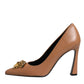 Brown Leather Logo Plaque High Heels Pumps Shoes