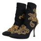 Black Gold Embroidery Slip On Boots Shoes