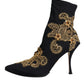 Black Gold Embroidery Slip On Boots Shoes