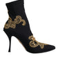 Black Gold Embroidery Slip On Boots Shoes