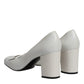 White Leather Block Heels Pumps Shoes