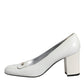 White Leather Block Heels Pumps Shoes