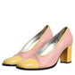 Pink Yellow Leather Block Heels Pumps Shoes