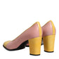 Pink Yellow Leather Block Heels Pumps Shoes