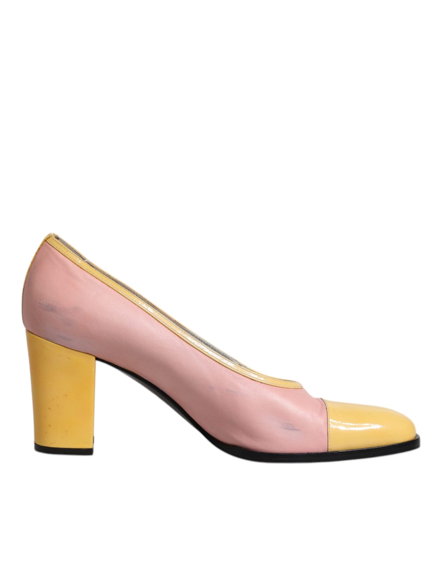 Pink Yellow Leather Block Heels Pumps Shoes