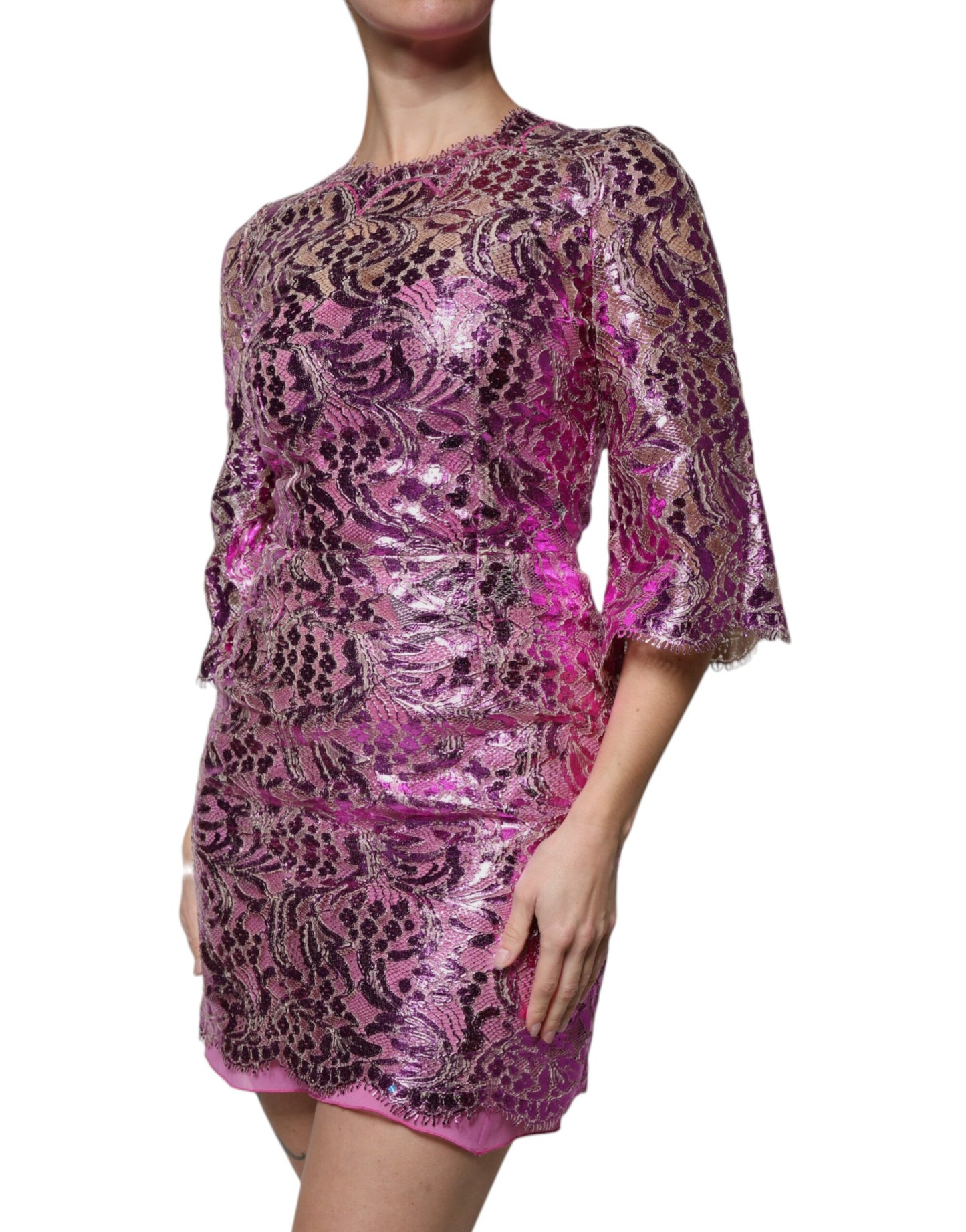 Metallic Fuchsia Floral Sheath Mini Dress