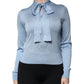 Blue Silk Knit Pullover Ascot Collar Top