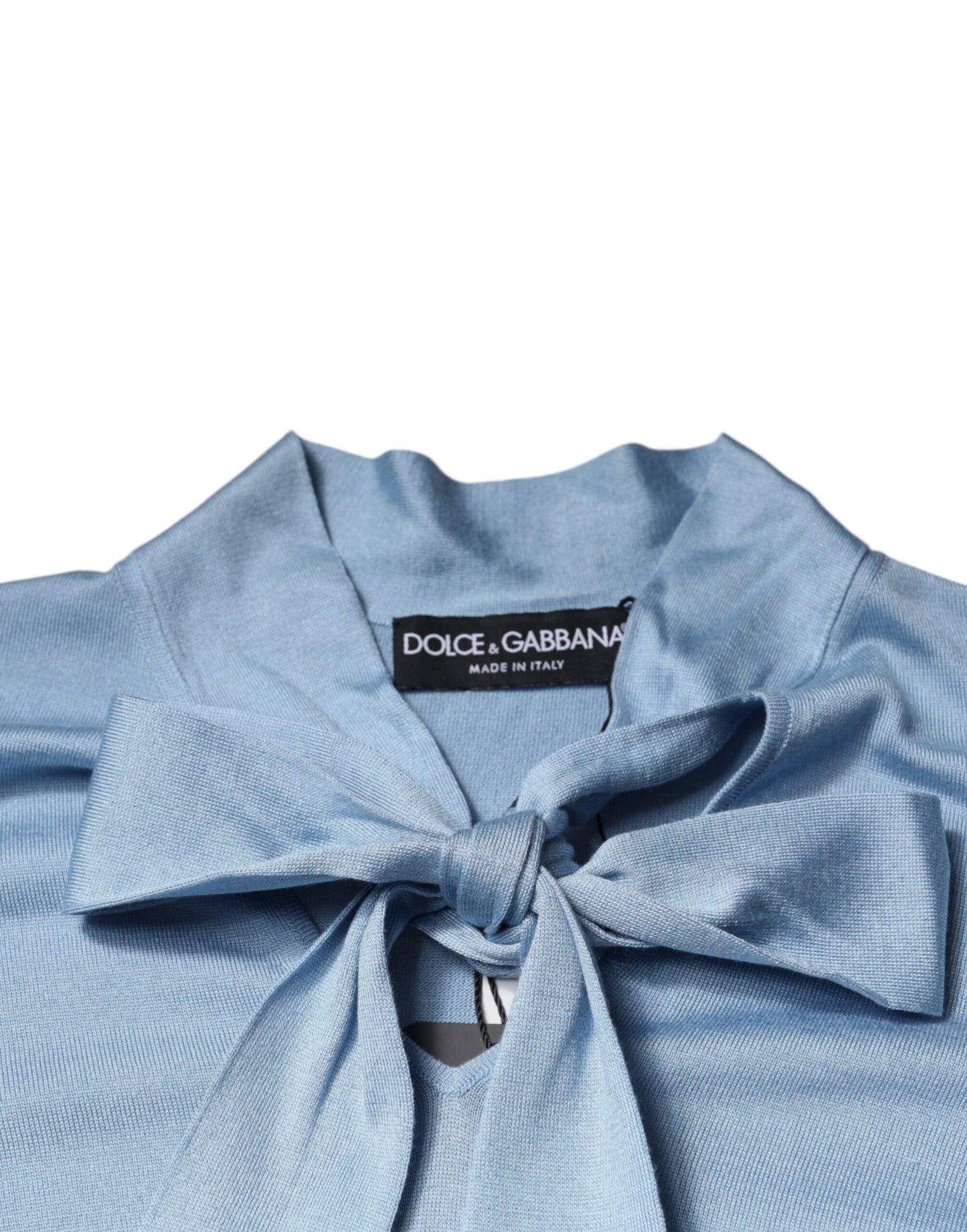 Blue Silk Knit Pullover Ascot Collar Top