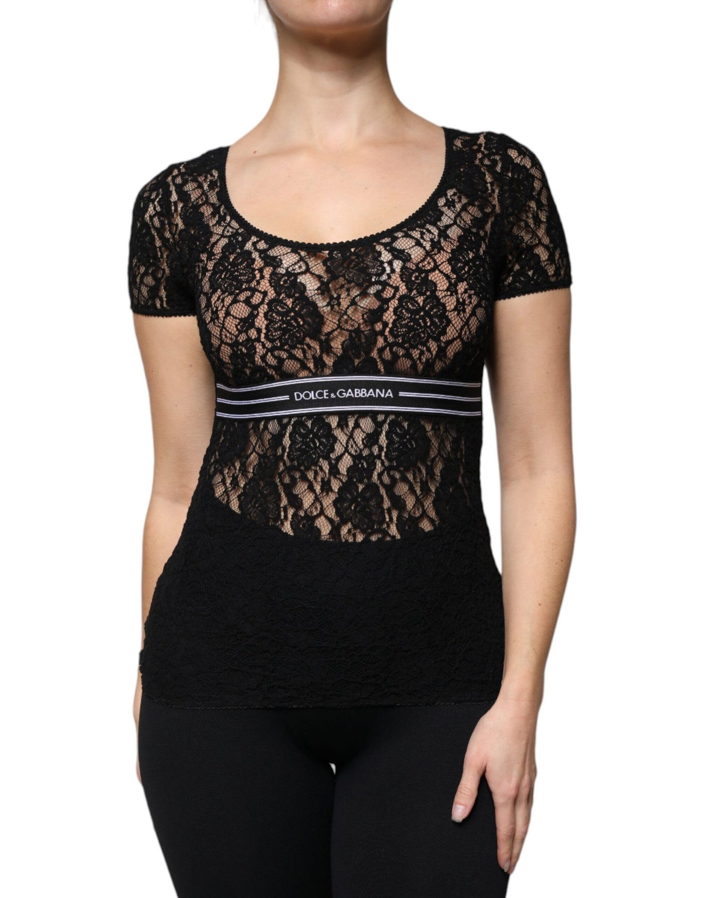 Black Logo Stripe Lace Short Sleeves Top