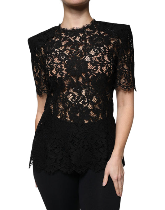 Black Floral Lace Short Sleeves Blouse Top