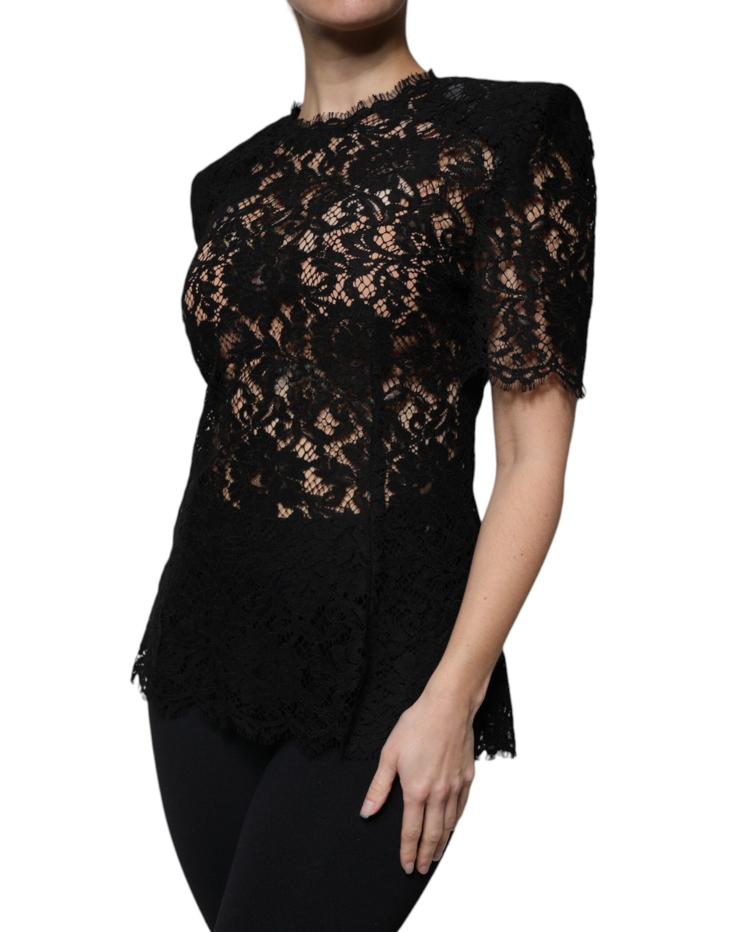 Black Floral Lace Short Sleeves Blouse Top