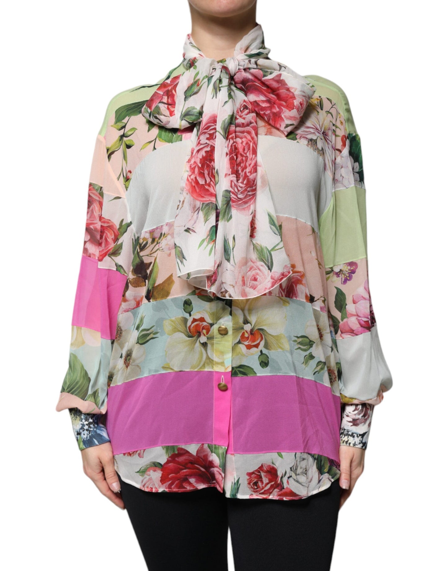 Multicolor Floral Patchwork Ascot Collar Top