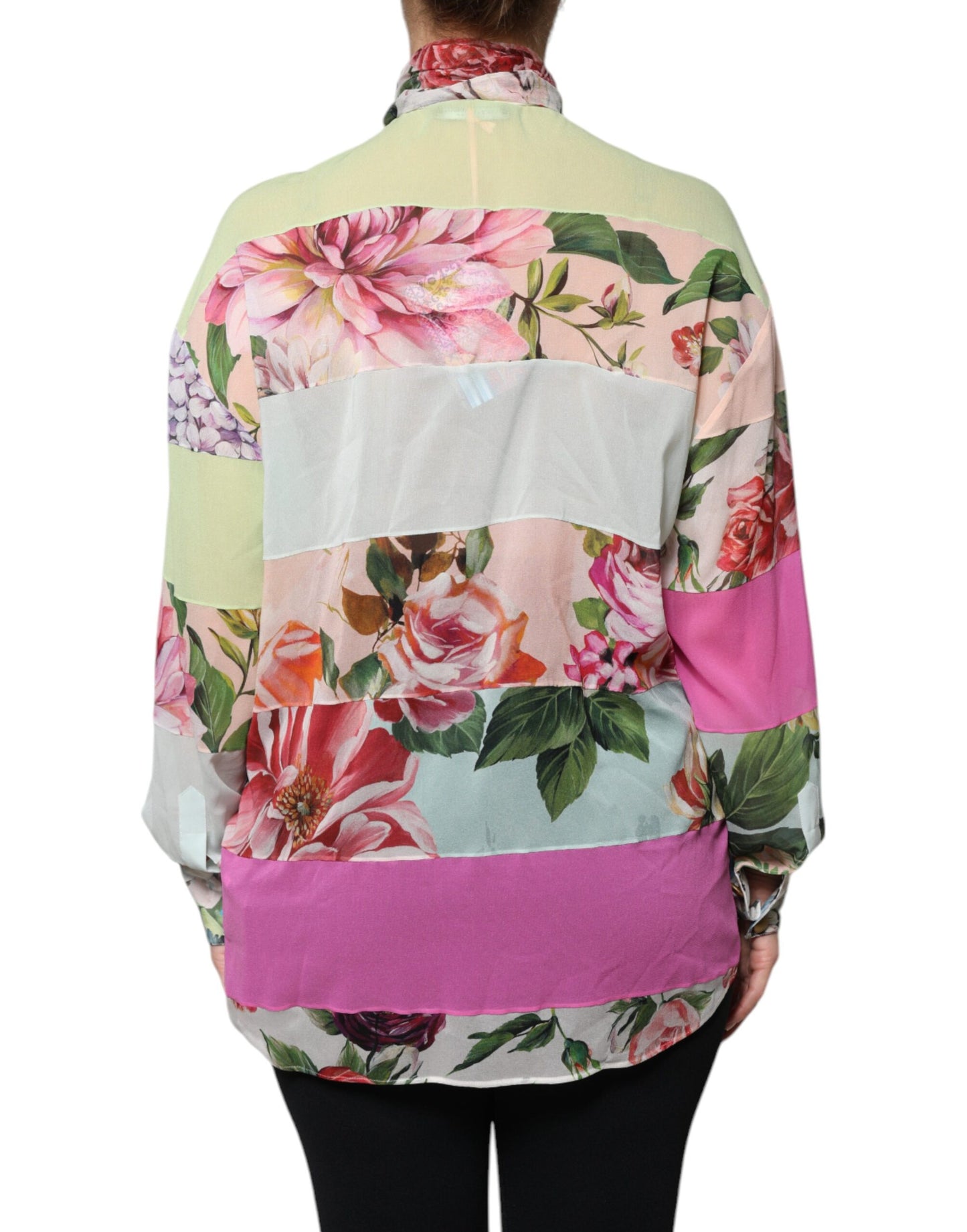 Multicolor Floral Patchwork Ascot Collar Top