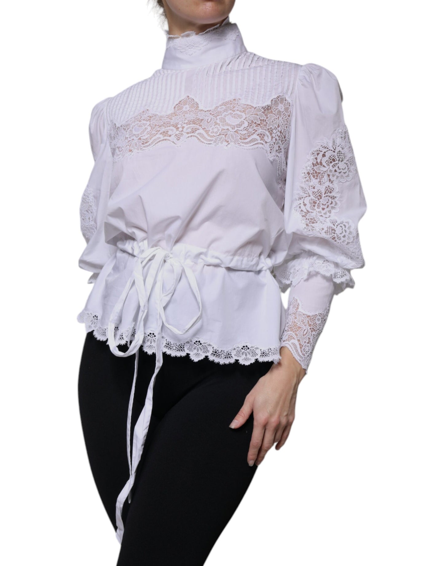 White Cotton Lace Trim Turtleneck Blouse Top