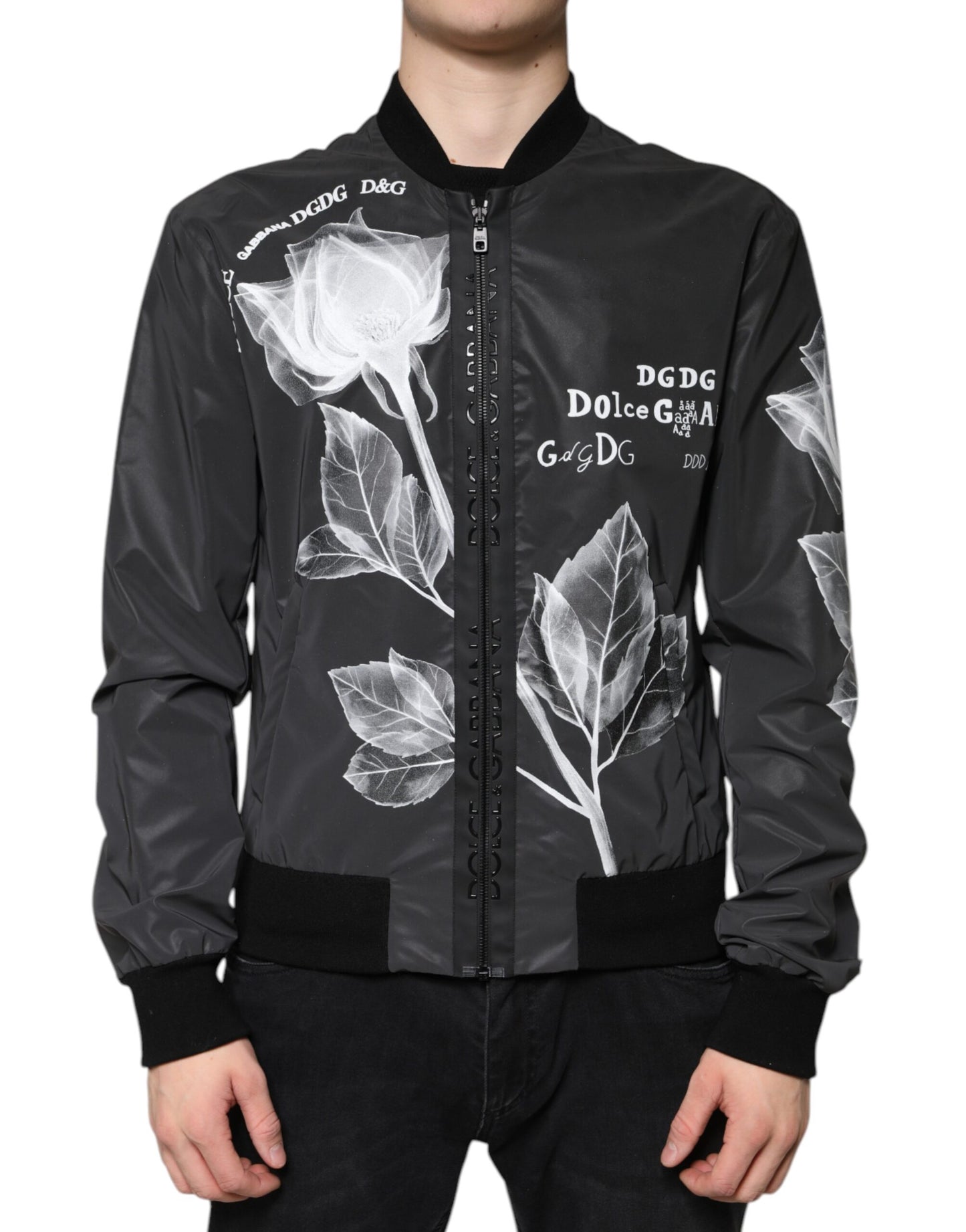 Black Floral Nylon Full Zip Bomber Jacket