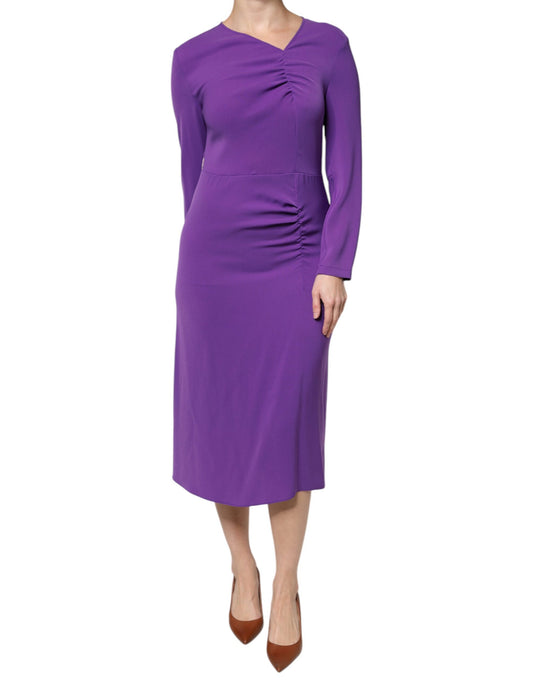 Purple Long Sleeves V-neck Sheath Midi Dress