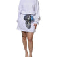 White Cotton Belted Long Sleeves Crew Neck Mini Dress