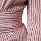 Pink Stripes Silk Long Sleeves Midi Dress