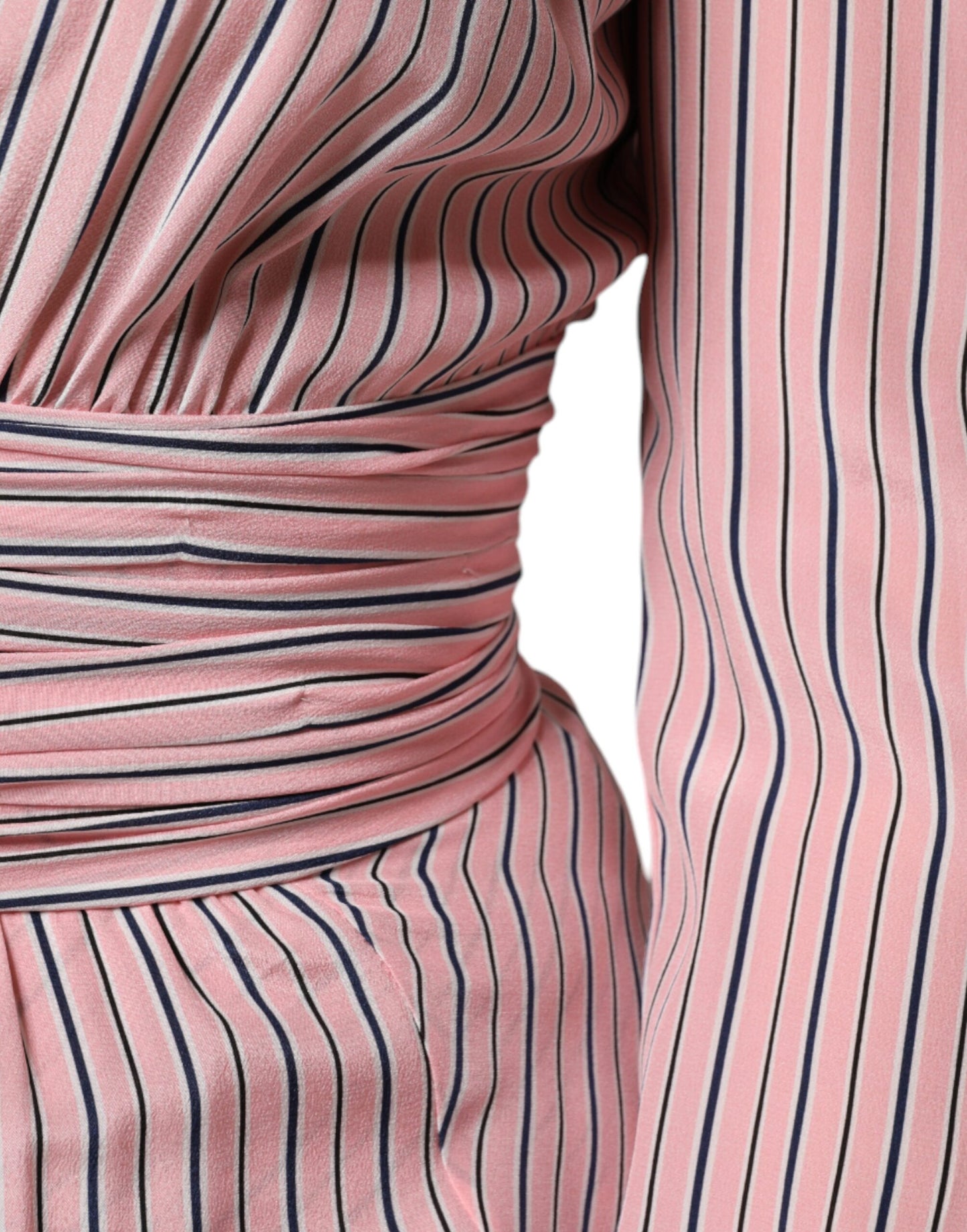 Pink Stripes Silk Long Sleeves Midi Dress