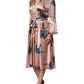 Pink Satin Floral Long Sleeves A-line Midi Dress