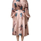 Pink Satin Floral Long Sleeves A-line Midi Dress