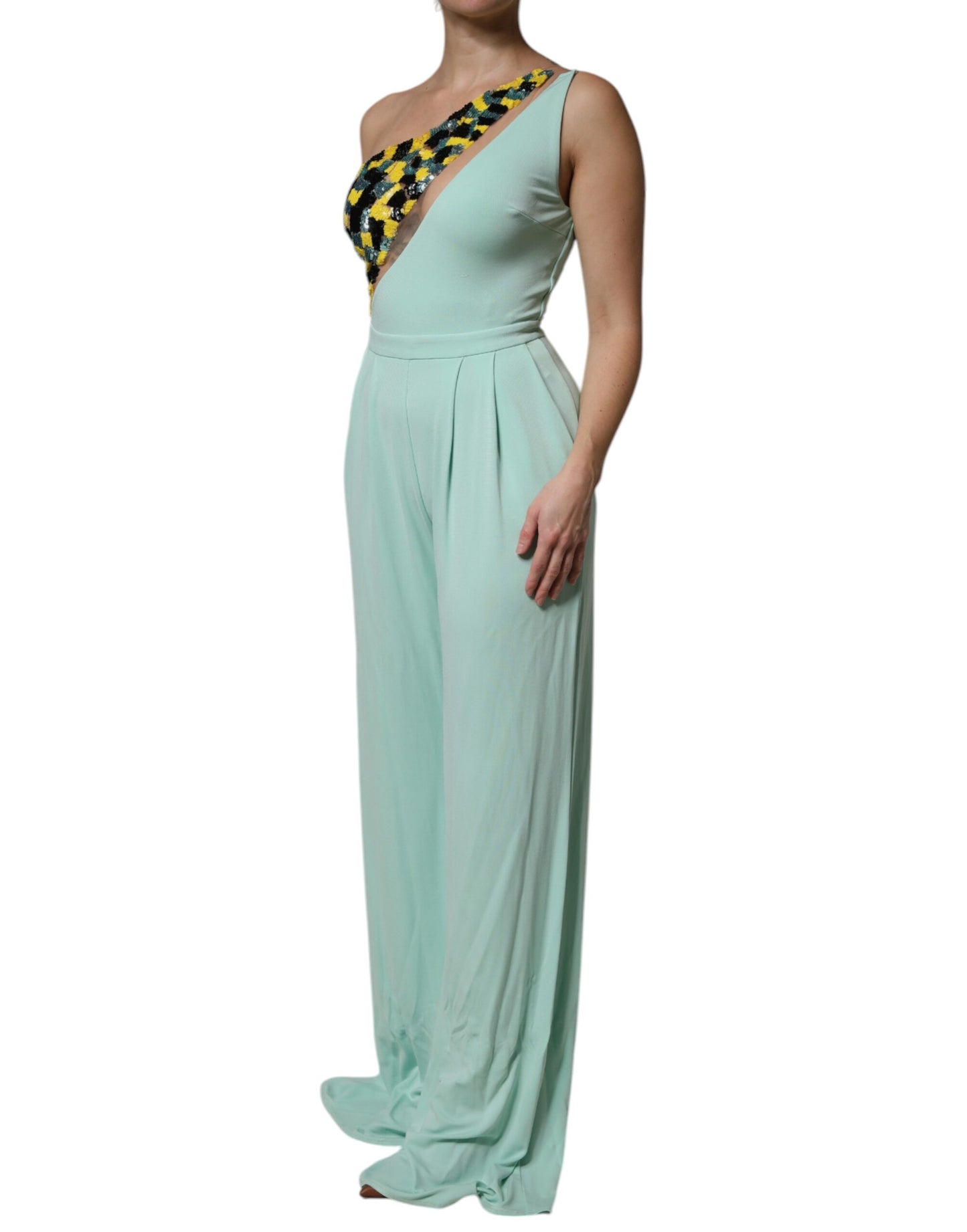 Mint Green One Shoulder Long Jumpsuit Dress