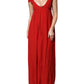 Red Acetate Short Sleeves Plunging Neckline Maxi Dress