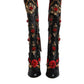 Black Roses Embellished Leather Heel Boots Shoes