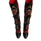 Black Roses Embellished Leather Heel Boots Shoes