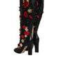 Black Roses Embellished Leather Heel Boots Shoes