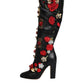 Black Roses Embellished Leather Heel Boots Shoes