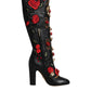 Black Roses Embellished Leather Heel Boots Shoes