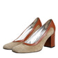 Beige Brown Leather Block Heels Pumps Shoes