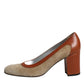 Beige Brown Leather Block Heels Pumps Shoes