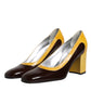 Yellow Brown Leather Block Heel Pumps Shoes