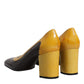 Yellow Brown Leather Block Heel Pumps Shoes