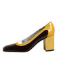 Yellow Brown Leather Block Heel Pumps Shoes