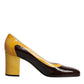 Yellow Brown Leather Block Heel Pumps Shoes