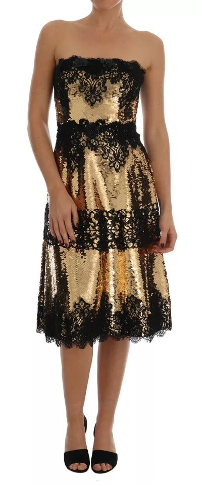 Gold Strapless Sequin Embellished Lace Dress